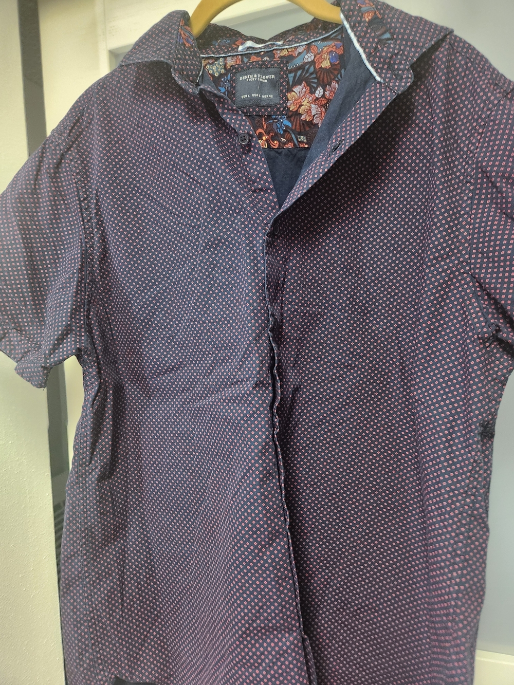 Denim & Flower Navy Short-Sleeve Button-Down with Pink Microdot Pattern